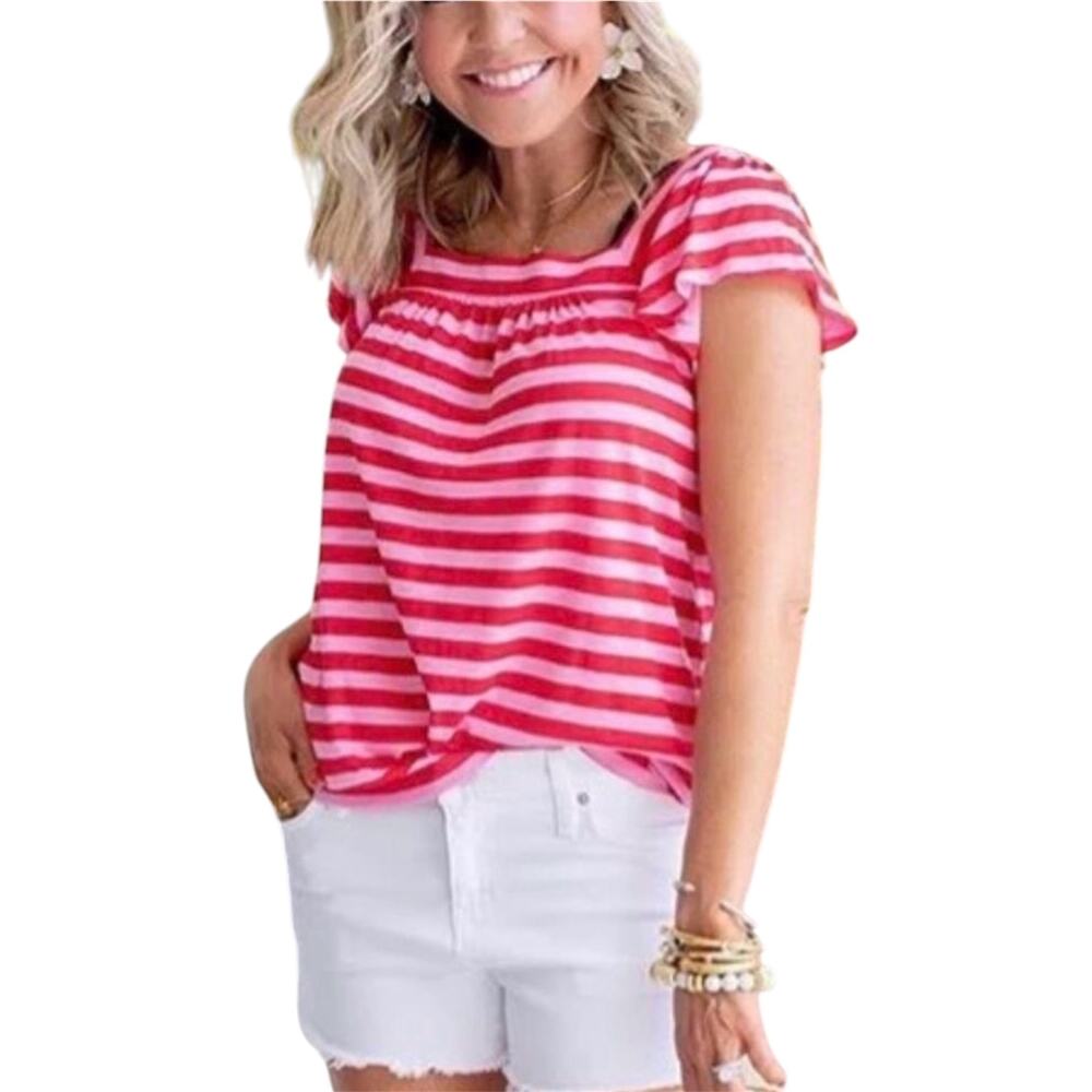 Gibson Red And Pink Striped Flutter Sleeve Square Neck Tee Petite Small